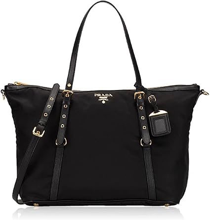 Prada Tessuto Nylon & Saffiano Leather Black Top Zip Tote Bag Gold-Tone Hardware Adjustable Strap Interior Zip and Slip Pockets New