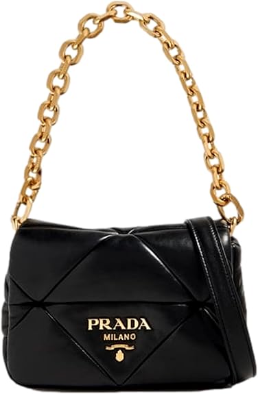 Prada Women's Gold Logo Black Quilted Nappa Patch Leather Small Shoulder Bag 1BD392