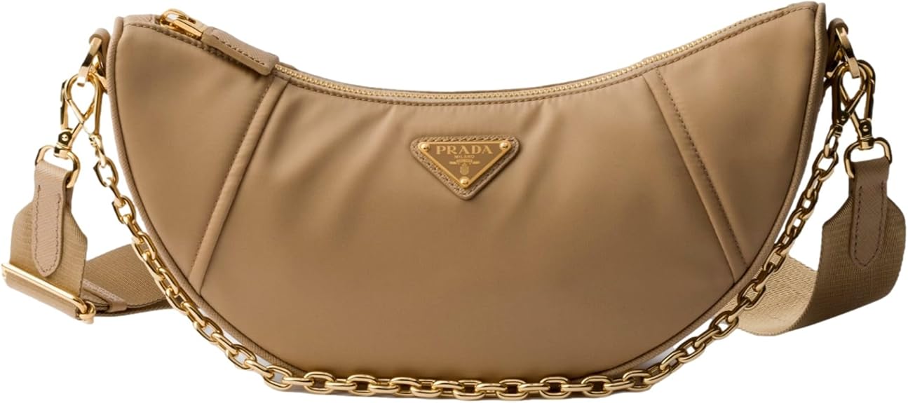 Prada Demi Lune Womens Re-Nylon Crescent Shoulder Bag Beige | Re-Nylon