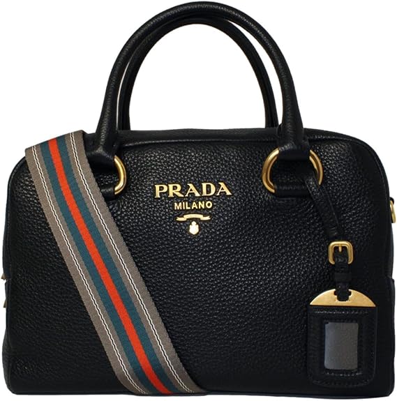 Prada Black Leather Stripe Strap Satchel Handbag