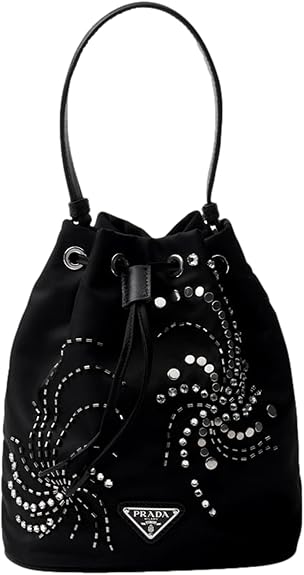 Prada New Womens Re-Nylon Mini Drawstring Bucket Bag Crossbody Black Beaded Embroidered 1BE067