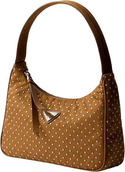 Prada Womens Re-Edition Studded Nylon Mini Shoulder Bag in Brown with Silver Hardware | Re-Nylon