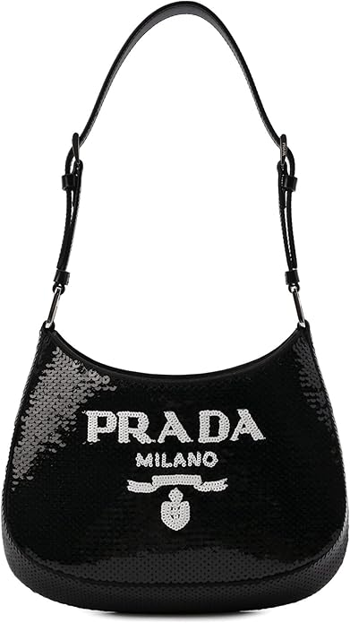 Prada Womens Cleo Black and White Sequin Milano Logo Mini Leather Shoulder Bag New