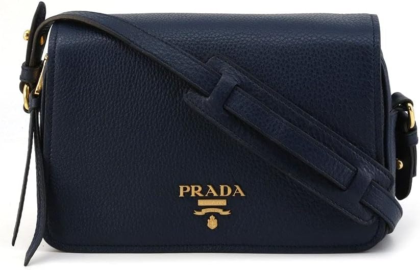 Prada Vitello Phenix Baltico Blue Leather Flap Crossbody Bag Calfskin Gold Tone Hardware Adjustable Strap Made in Italy New