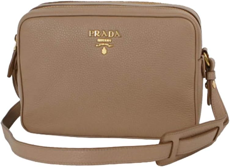 Prada Vitello Phenix Cammeo Beige Leather Double Zip Crossbody Bag Gold-Tone Hardware Adjustable Strap Two Zipper Compartments New