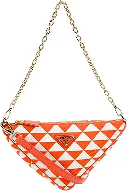 Prada Womens Triangle Jacquard Canvas Orange White Luxury Chain Shoulder Bag | Jacquard Canvas