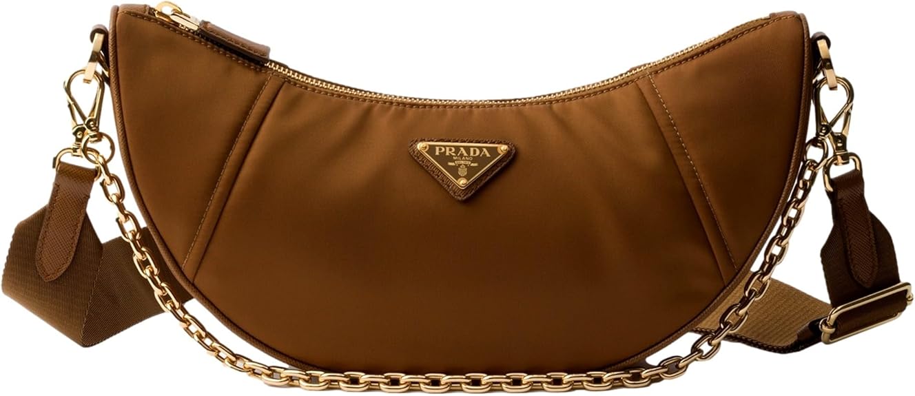 Prada Demi Lune Re-Nylon Crescent Shoulder Bag Brown 1BH222 Gold Hardware Triangle Logo Nylon Chain Strap Italy Luxury Designer Handbag with Dust Bag & Authenticity Cards | Demi Lune