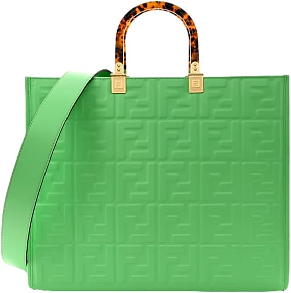 FENDI Sunshine Medium Plexi FF Embossed Leather Tote Bag, Edamame Green, Handbag for Women, Made in Italy (8BH386)