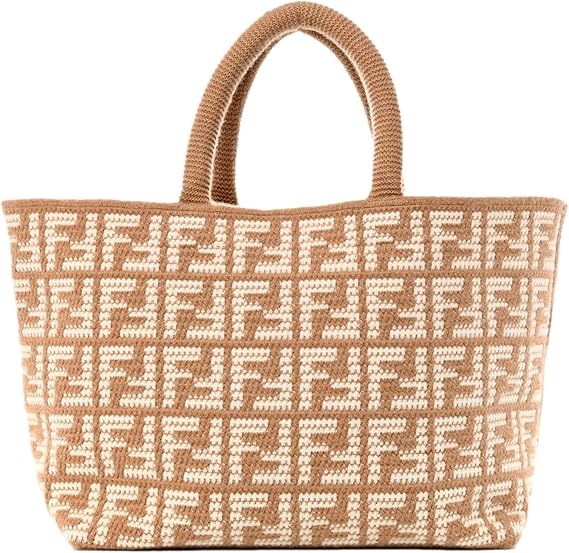 FENDI FF Cammello Beige Knitted Cashmere Large Shopper Tote Bag