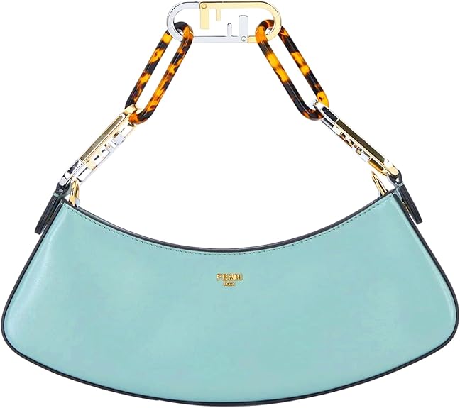 FENDI O’Lock Swing Turquoise Blue Calf Leather Small Hobo Shoulder Bag – Designer Women’s Luxury Purse with Gold-Tone Logo Hardware 8BS068