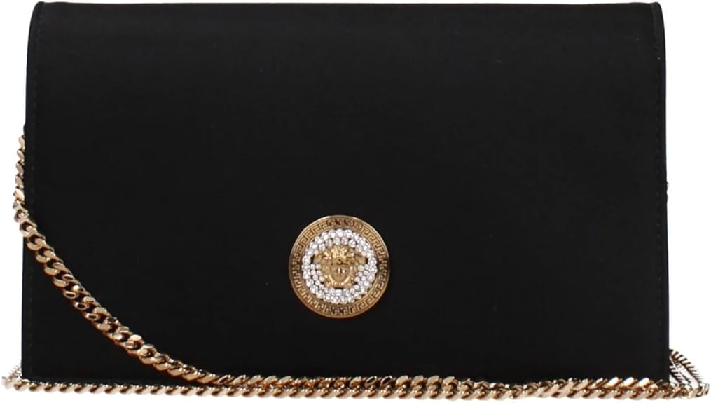 Versace Medusa Women’s Black Satin & Leather Clutch Bag – Small Evening Purse with Medusa Hardware, Flap Closure & Fabric Lining – Luxury Designer Handbag