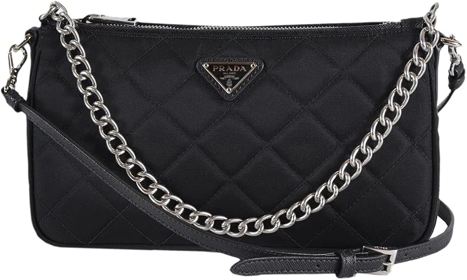 Prada Black Quilted Tessuto Nylon Chain Crossbody Bag Silver Hardware Adjustable Strap Zipper Closure Designer Shoulder Purse New