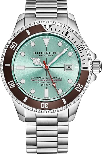 Stuhrling Original Mens Swiss Automatic Stainless Steel Professional DEPTHMASTER Dive Watch, 200 Meters Water Resistant, Brushed and Beveled Bracelet with Divers Safety Clasp and Screw Down Crown