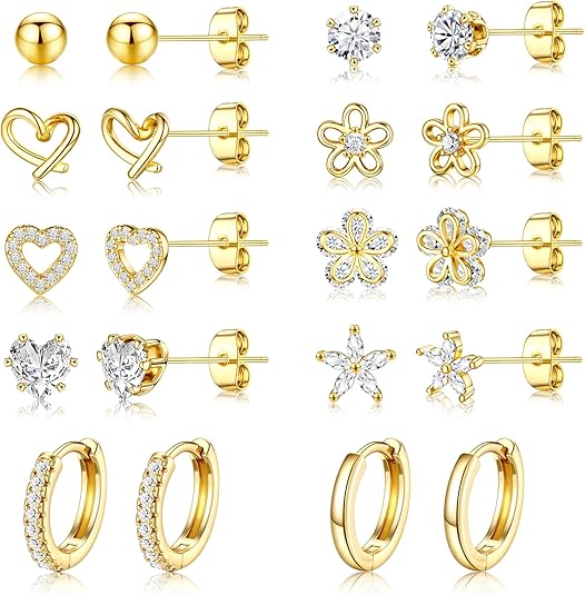 Small Gold Stud Earrings Set for Women - 14K Gold Plated CZ Huggie Hoops Hypoallergenic Earrings Dainty Flower Heart Stud Earrings for Jewelry Gift