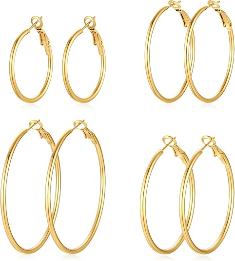 4 Pairs Silver Gold Hoop Earrings for Women | 14K Gold Plated Hoop Earrings Set Hypoallergenic Earring Lightweight Dangle Earrings Set